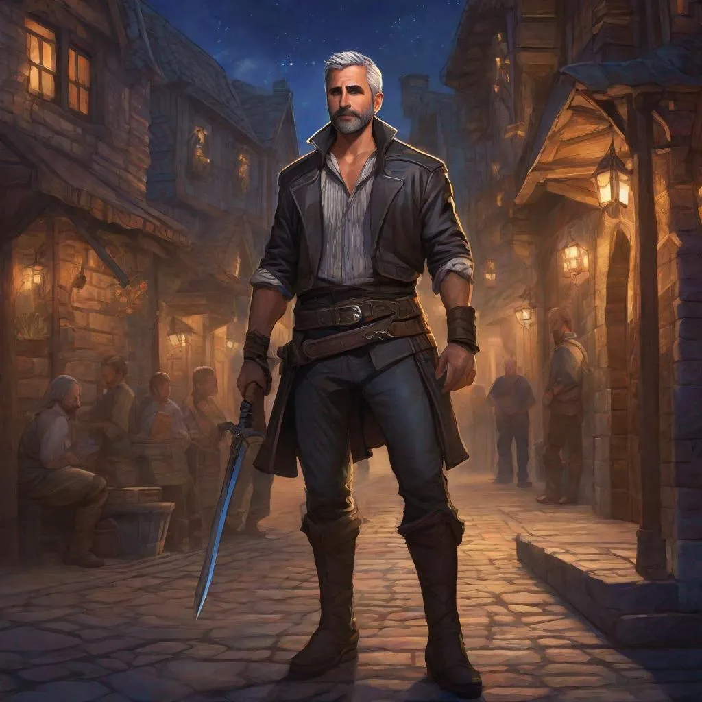 Prompt: (Full body) A male short-haired thief looks like steve carell with open shirt hairy chest and short beard grey-striped hair, glowing magic, fantasy weapon, leather shirt with details, manly, pathfinder, dungeons and dragons fantasy setting, night time in a town street, in a painted style, realistic