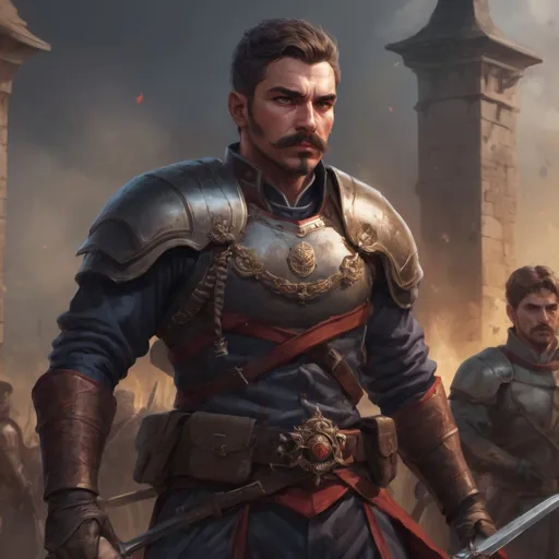 Prompt: (Full body) male stocky masculine royal guard with short hair and mustache, hairy chest, in a dark battle field, pathfinder, d&d setting, in a realistic high quality digital art style