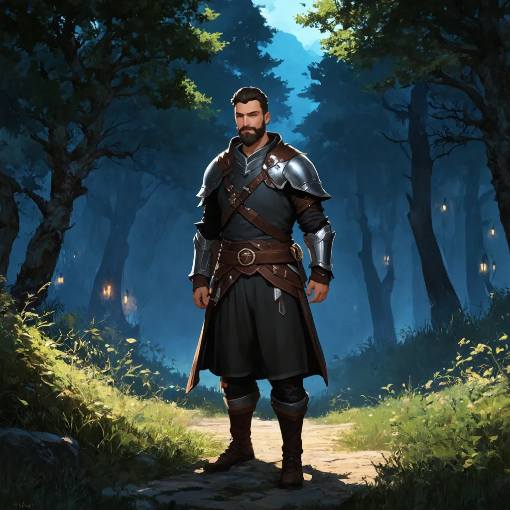 Prompt: (Full body) male paladin with a short hair and beard, belt and pants, standing outside of a dark forest, pathfinder, d&d setting, in a digital art style