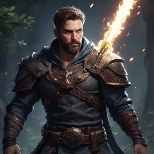 Prompt: male stocky muscular mature summoner with short hair and beard, holding fantasy-weapon, in nature at night, pathfinder, d&d setting, Realistic, Enhanced shadow and light quality