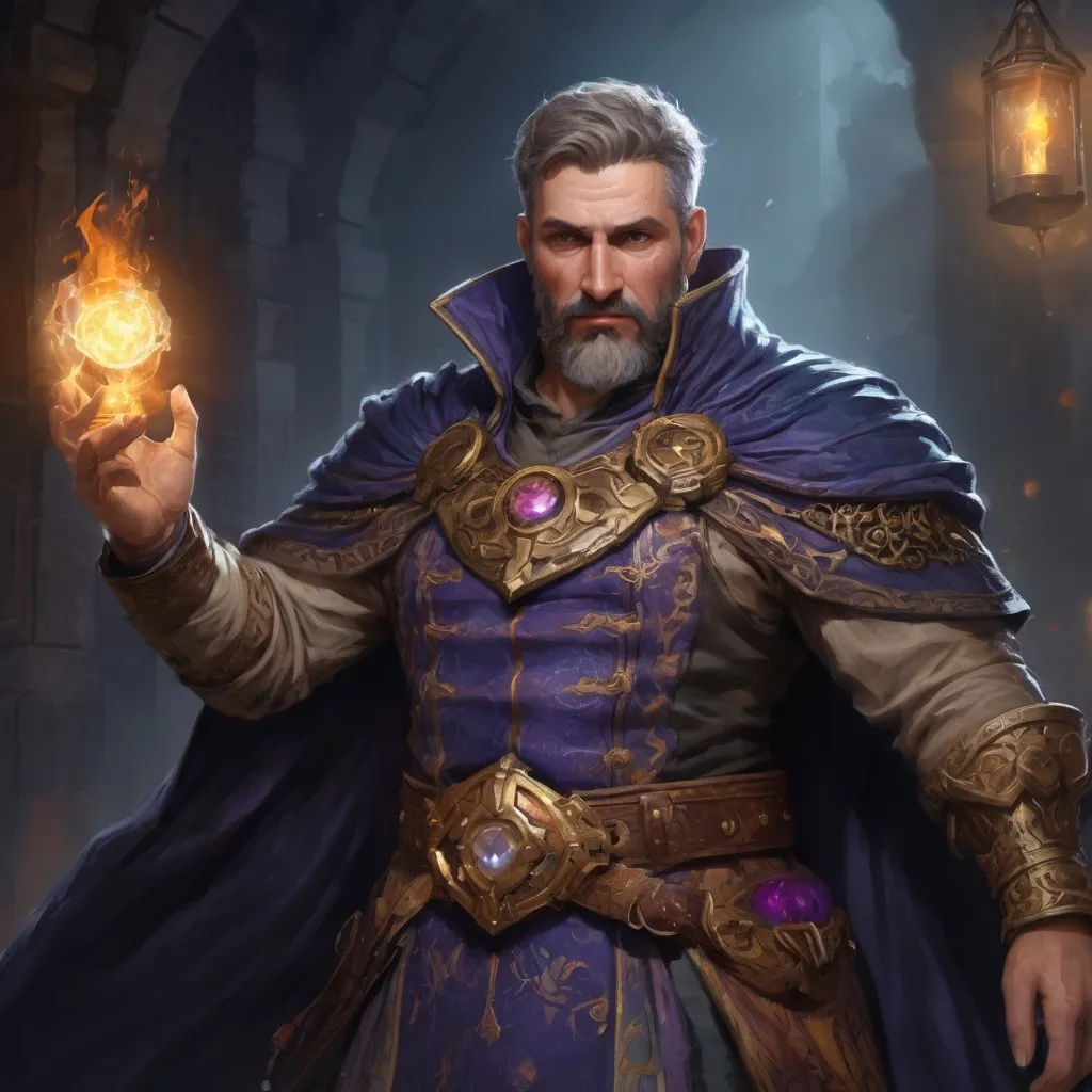 Prompt: (Torso) Male stocky large mature arcanist with short-cut hair and beard, exploring a dark dimention, surrounded by bright magic, pathfinder, d&d setting, enhanced shadow quality, colorful