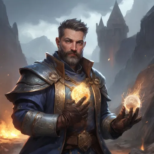 Prompt: Male stocky heavy-set mature arcane-alchemist with short-cut hair and beard, on a battlefield, in combat, holding a frostbomb, pathfinder, d&d setting, realistic high quality, enhanced shadow quality, colorful