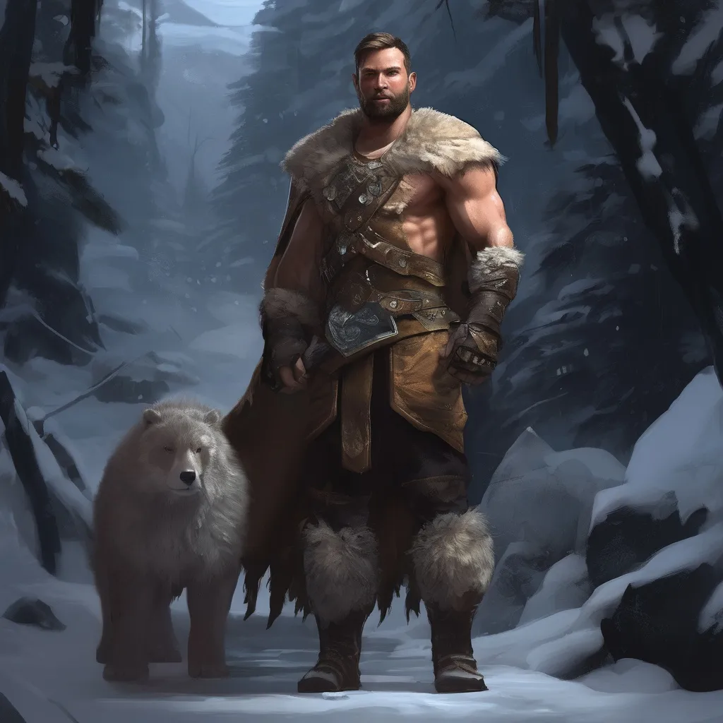 Prompt: (Full body) male handsome large muscular young arctic transmuter with short hair and beard, outside of a cave by a forest at night, pathfinder, d&d setting, in a realistic high quality digital art style