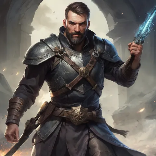 Prompt: (torso) Male heavy-set mature fit magical adventurer with short-cut hair and beard, holding fantasy-weapon, in movement, in a windy battlefield, pathfinder, d&d setting, enhanced shadow quality