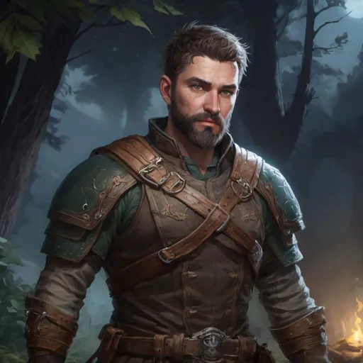 Prompt: Male stocky heavy-set mature fantasy-ranger with short-cut hair and beard, outside of fantasy forest at night, pathfinder, d&d setting, in a realistic high quality digital art style, enhanced shadow quality