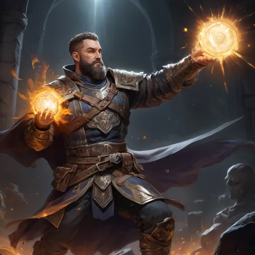 Prompt: Male stocky large mature muscular cleric with short-cut hair and beard, engaged in combat casting a prismatic-light spell inside of a dark dungeon, pathfinder, d&d setting, in a realistic high quality digital art style, enhanced shadow quality