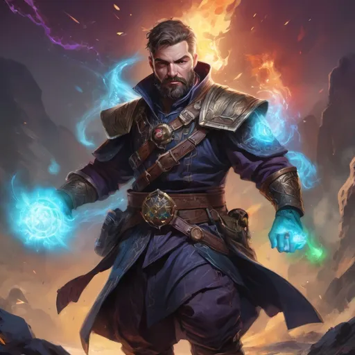 Prompt: Male stocky heavy-set mature arcane-arcanist with short-cut hair and beard, on a battlefield, in combat, holding a astral-spell, pathfinder, d&d setting, in a realistic high quality digital art style, enhanced shadow quality, colorful