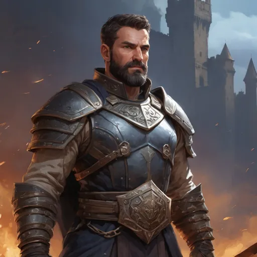 Prompt: Male heavy-set 42-year old muscular noble large cleric with short-cut hair and beard, in a windy castleground at dusk, pathfinder, d&d setting, enhanced shadow quality