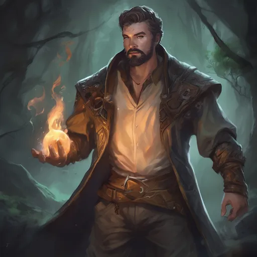 Prompt: (Full body) male stocky young arcanist with short hair and beard, casting swirly eldritch spell, in a dark cave by a forest, pathfinder, d&d setting, in a realistic high quality digital art style