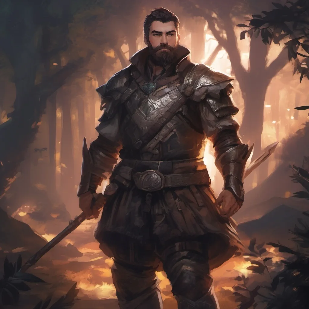 Prompt: (Full body) male stocky big-chested noble dragoon with striped short hair and beard, in nature at night, pathfinder, d&d setting, in a realistic digital art style