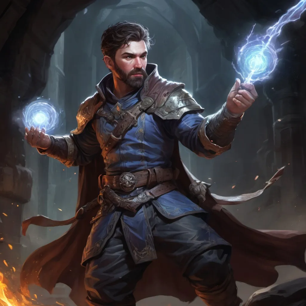 Prompt: Male stocky large battle-mage with short-cut hair and beard, engaged in combat casting a bright spell, inside of a dark cavernous dungeon, pathfinder, d&d setting, in a realistic high quality digital art style, enhanced shadow quality, colorful