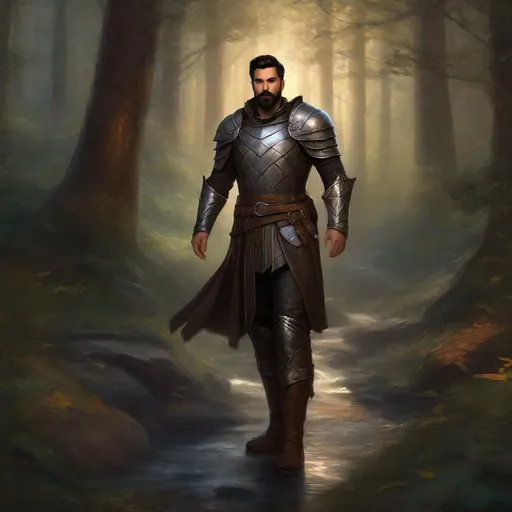 Prompt: (Full body) A male rogue with short cut dark hair with grey in it with beard manly face, dark- leather armor, pathfinger, magic swirl, holding magic , dungeons and dragons, brown boots, fantasy setting, standing in a forest glade at night, in a painted style realistic art