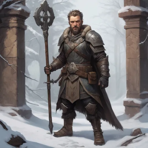 Prompt: Male stocky mature noble axe-warrior, with short hair and beard, standing on a plautou of an old temple in a barren winter forest, pathfinder, d&d setting, in a realistic high quality digital art style, enhanced shadow quality, colorful