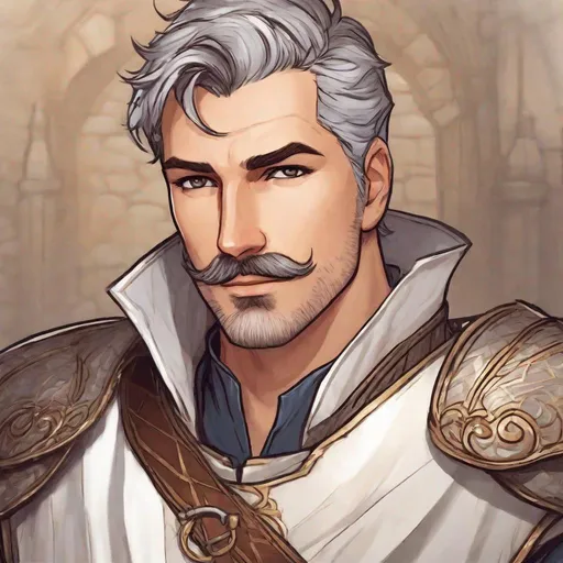 Prompt: (Full body) A hairy broad-chested large handsome male paladin with short-cut grey hair a mustache and stubble, pathfinger, dungeons and dragons, fantasy setting, going out on a quest, in a painted style realistic