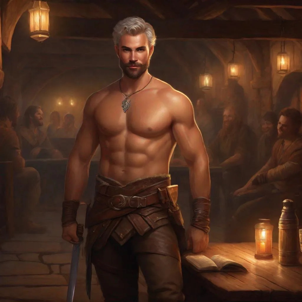 Prompt: (Full body) A male ranger with a hairy chest short-cut salt and pepper hair with short-beard manly face no shirt on, pathfinder, faint lights in the background, holding sword, dungeons and dragons, brown boots, fantasy setting, standing in a tavern at night, in a painted style realistic art