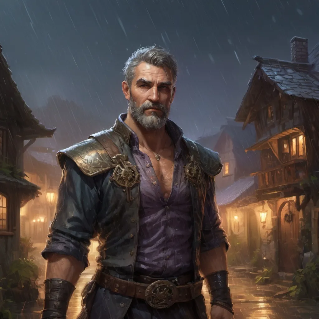 Prompt: Male stocky Muscular large old paladin with short-cut hair and beard, open shirt hairy chest, outside of a small fantasy village in the rain at night, pathfinder, d&d setting, in a realistic high quality digital art style, enhanced shadow quality, colorful