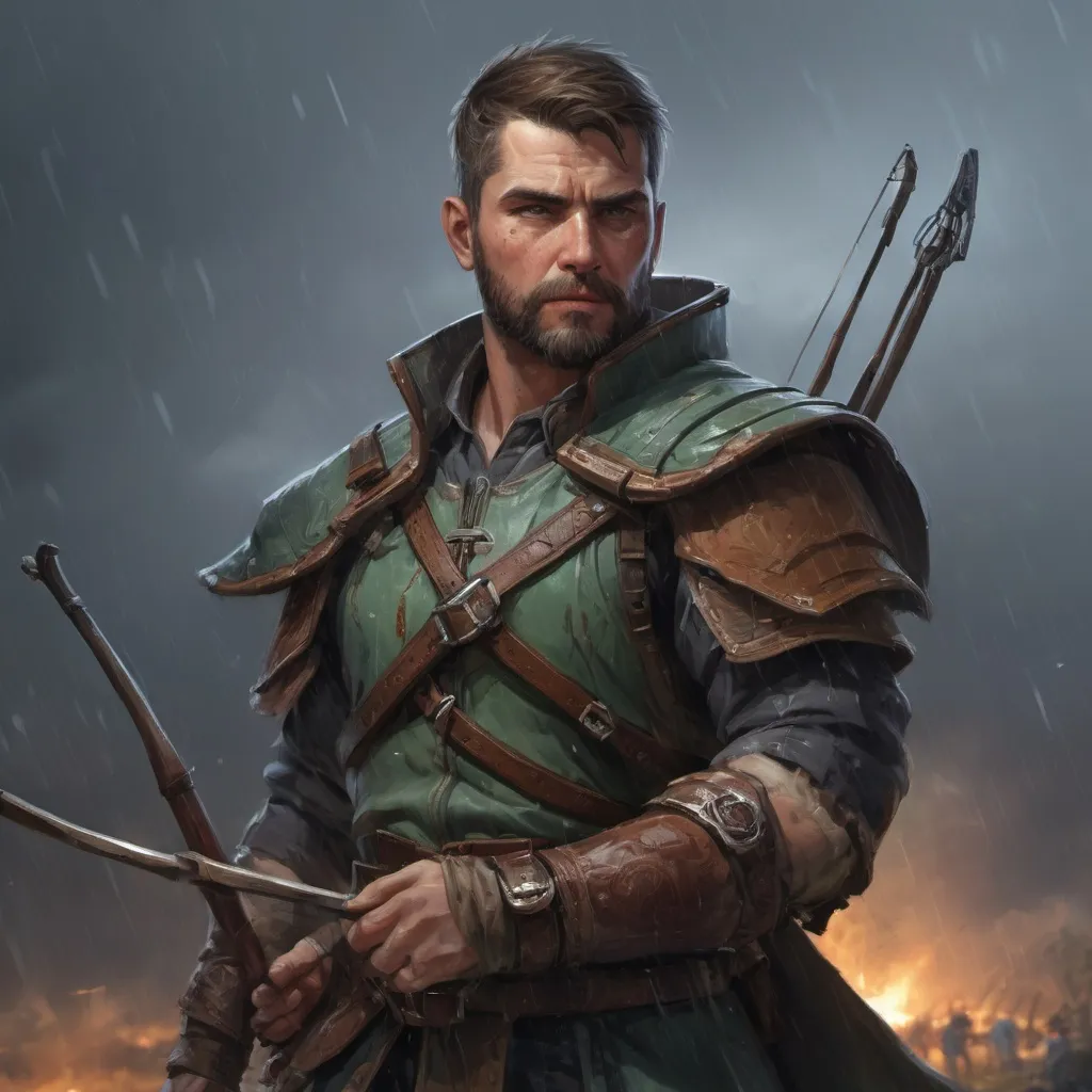 Prompt: Male stocky heavy-set hunter-archer with short-cut hair and beard, on a battlefield in a rainstorm, pathfinder, d&d setting, in a realistic high quality digital art style, enhanced shadow quality, colorful