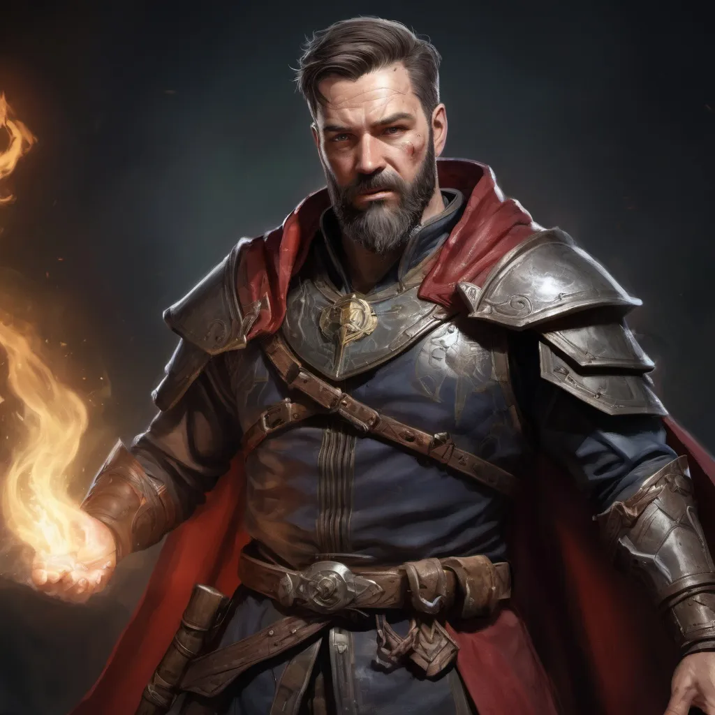 Prompt: (torso) Male stocky large mature canadian handsome battle-mage with short-cut hair and beard, engaged in combat casting an arcane-spell inside of a dark dungeon, in movement, pathfinder, d&d setting, realistic, enhanced shadow quality, colorful