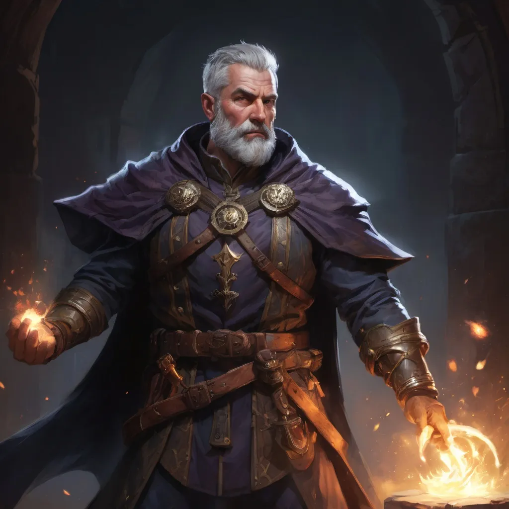 Prompt: Male stocky large mature warlock with short-cut hair and beard, engaged in combat casting a bright spell inside of a dark dungeon, pathfinder, d&d setting, in a realistic high quality digital art style, enhanced shadow quality, colorful