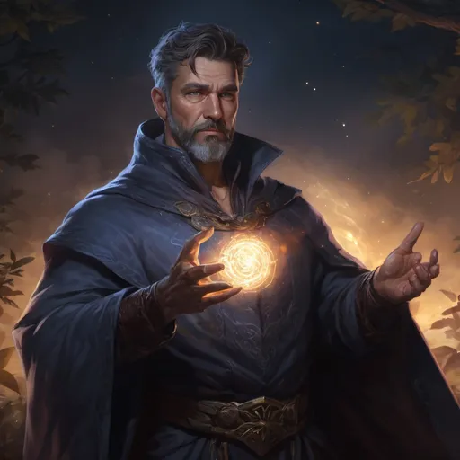 Prompt: male stocky big-chested mature sorcerer with short hair and beard, hairy chest, casting bright spell, in nature at night, pathfinder, d&d setting, in a realistic digital art style, enchanced shadow
