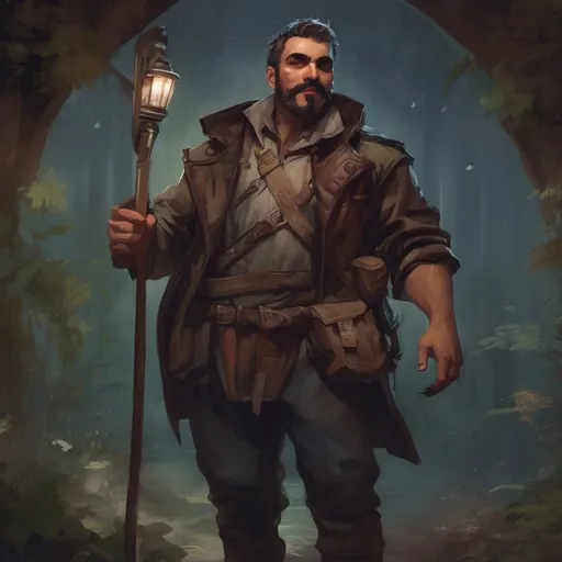 Prompt: (Full body) male stocky big-chested thief with short hair and mustache,  in nature at night, pathfinder, d&d setting, in a realistic digital art style