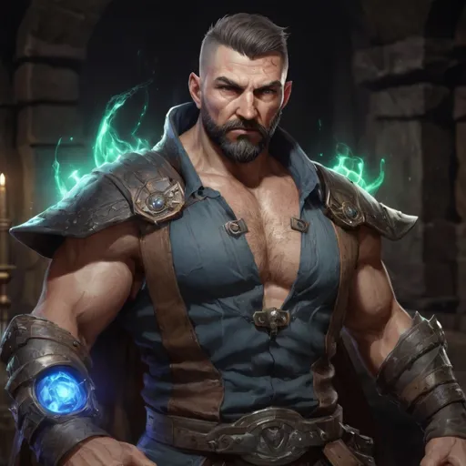 Prompt: (torso) Male stocky large 39-year old battle-mage with short-cut hair and beard, open shirt hairy chest, engaged in combat casting an arcane-spell inside of a dark dungeon, in movement, pathfinder, d&d setting, realistic, enhanced shadow quality, colorful