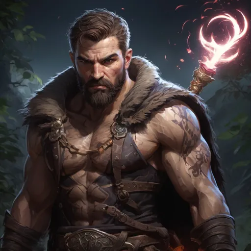 Prompt: male stocky heavy-set Albanian transmuter with short hair and beard,  hairy chest, casting swirly bright spell, in nature at night, pathfinder, d&d setting, in a realistic high quality digital art style
