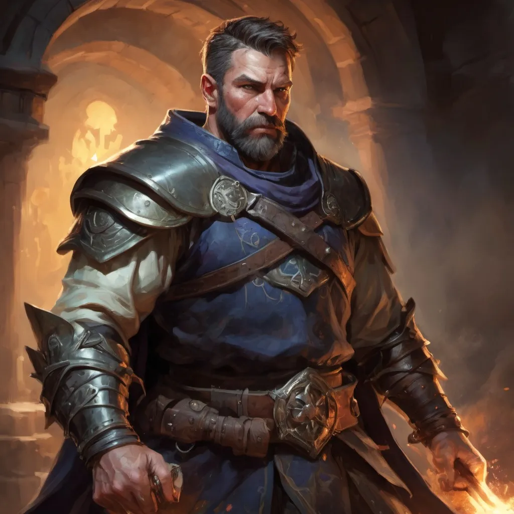 Prompt: (torso) Male stocky large mature irish handsome battle-mage with short-cut hair and beard, engaged in combat casting an arcane-spell inside of a dark dungeon, in movement, pathfinder, d&d setting, realistic, enhanced shadow quality, colorful