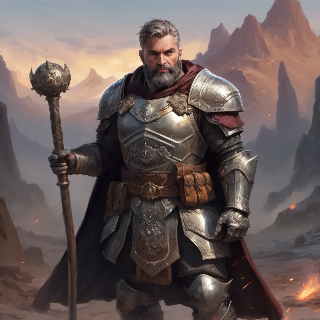 Prompt: Male stocky heavy-set mature magical Holy crusader with short-cut hair and beard, on a battlefield, in combat, holding a mace, pathfinder, d&d setting, in a realistic high quality digital art style, enhanced shadow quality, colorful