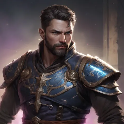 Prompt: (torso) Male stocky large fit battle-mage with short-cut hair and beard, engaged in combat casting a light spell inside of a dark dungeon, in movement, pathfinder, d&d setting, realistic, enhanced shadow quality, colorful