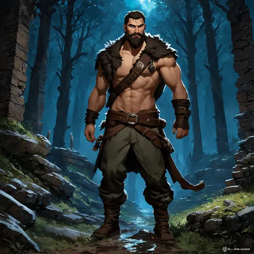 Prompt: (Full body) very hairy-chested male rogue with a short hair and beard, belt and pants, no shirt on, exploring ruins in a forest at night, pathfinder, d&d setting, in a digital art style