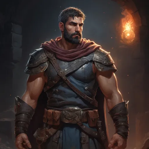 Prompt: Male stocky large mature greek fighter with short-cut hair and beard, exploring a dark astral dungeon, pathfinder, d&d setting, in a realistic high quality digital art style, enhanced shadow quality, colorful
