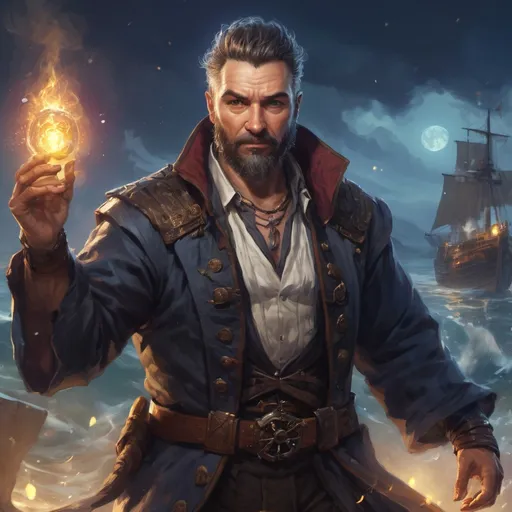 Prompt: male stocky mature heavy-built large pirate magus with short hair and beard, wearing magic coat, casting a water-spell, on a ship by land at night, pathfinder, d&d setting, in a realistic high quality digital art style