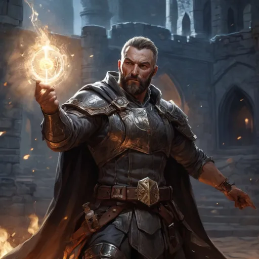Prompt: Male stocky large mature fit muscular arcanist with short-cut hair and beard, engaged in combat casting a light spell in a castle courtyard at night, pathfinder, d&d setting, realistic, enhanced shadow quality