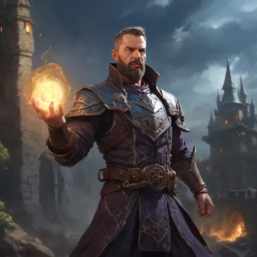 Prompt: Male heavy-set 42-year old muscular noble large sorcerer with short-cut hair and beard,  casting arcane-magic in a windy castleground at dusk, pathfinder, d&d setting, enhanced shadow quality