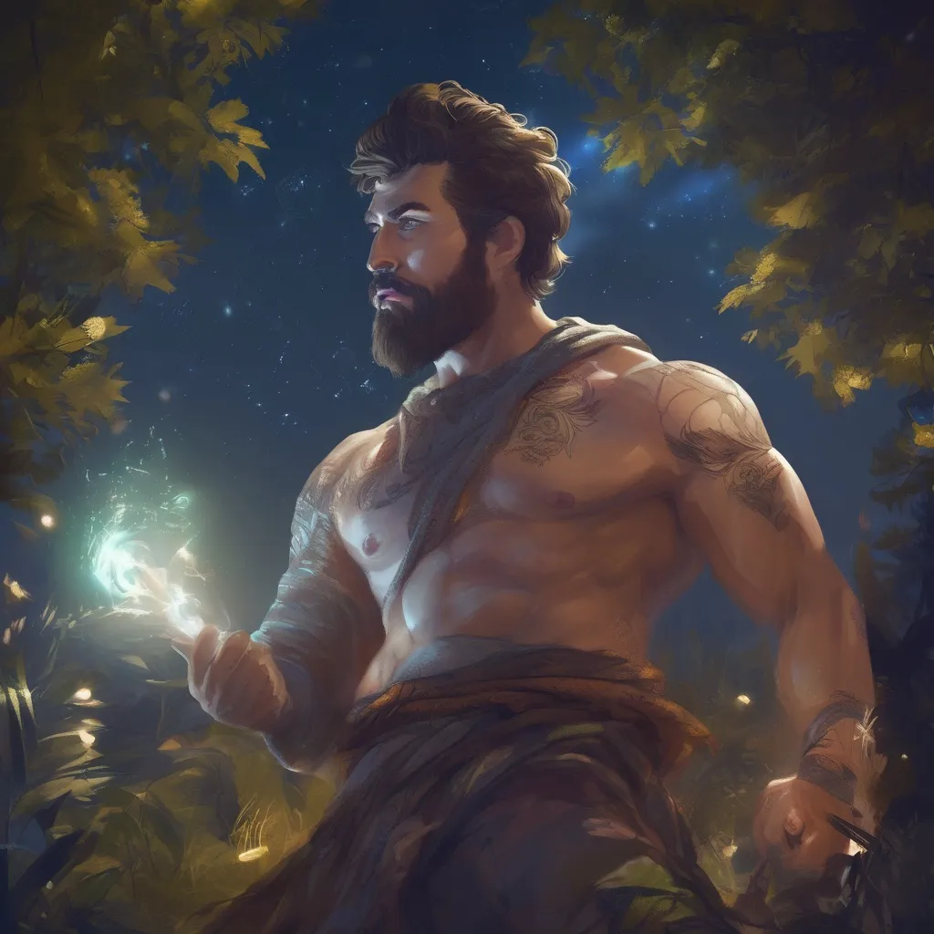 Prompt: (Full body) male stocky big-chested young transmuter with striped short hair and beard, hairy chest, casting swirly bright spell, in nature at night, pathfinder, d&d setting, in a realistic high quality digital art style