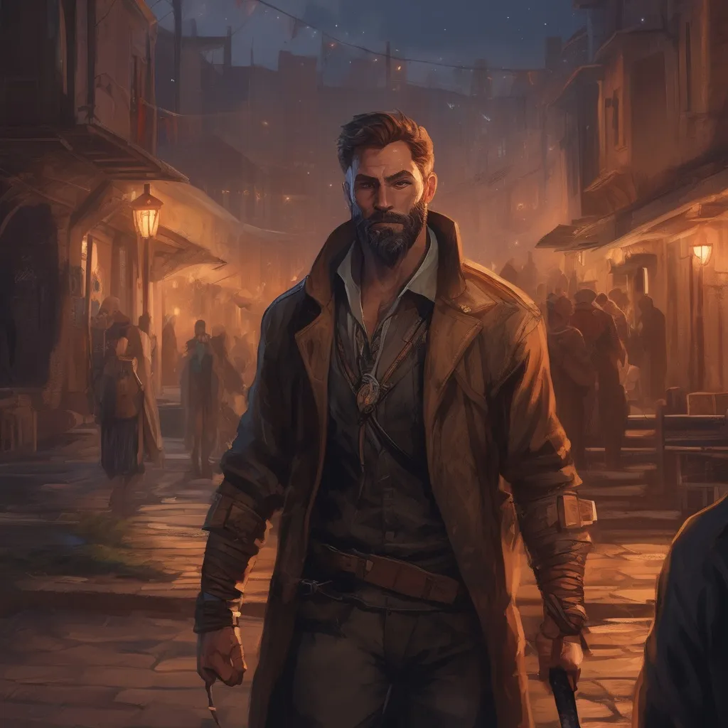 Prompt: (Full body) male handsome muscular Noble thief with light brown short hair and beard, in a small town at night, pathfinder, d&d setting, in a realistic high quality digital art style