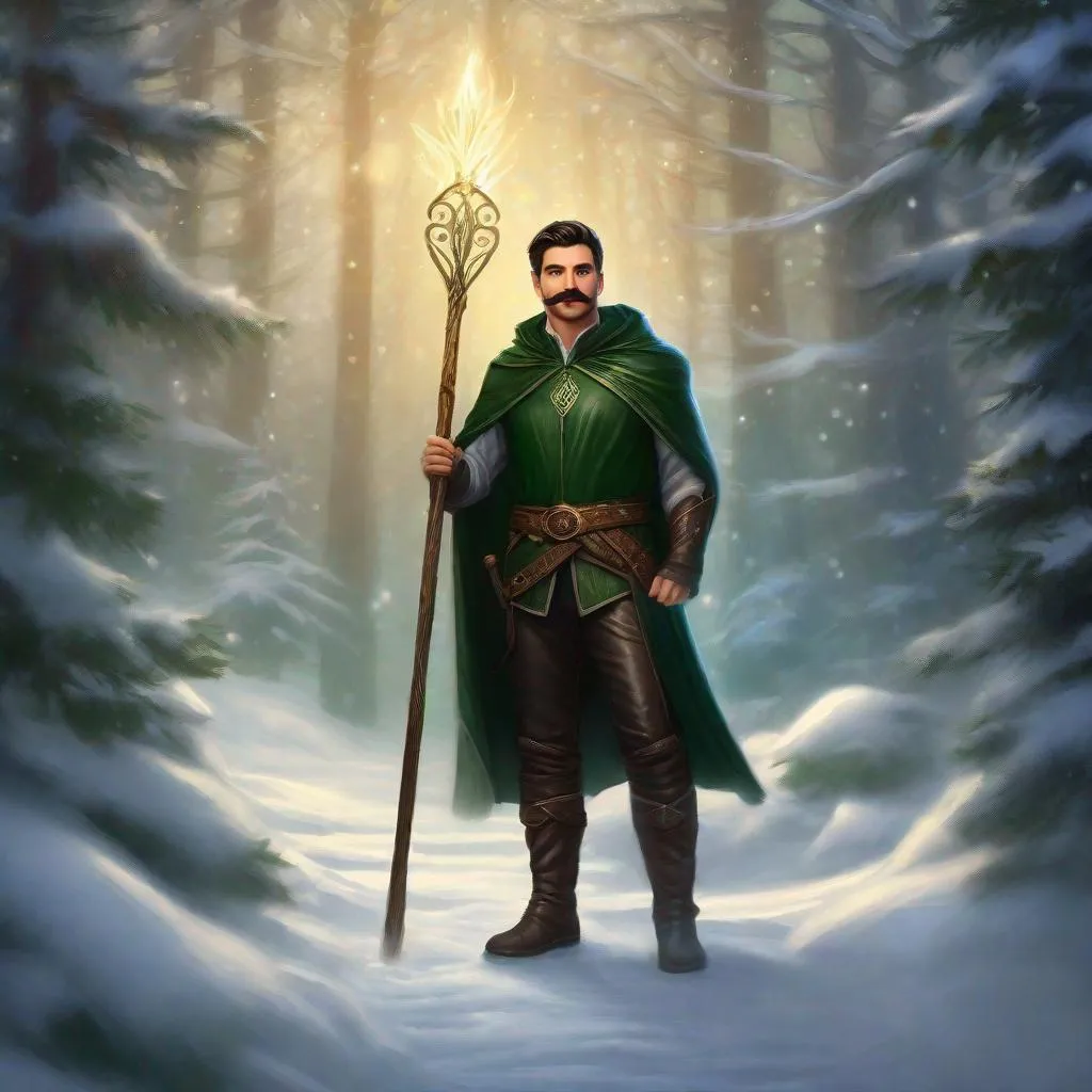 Prompt: (Full body) a male dark-green druid with mustache and stubble short-cut dark hair, handsome manly face, belt, boots, leather pants, holding magical staff, swirly lights, standing outside of a snowy forest, fantasy setting, dungeons & dragons, in a painted style realistic art