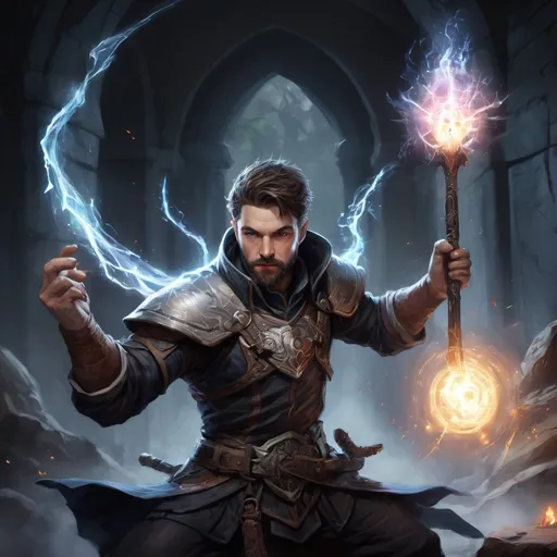 Prompt: Male stocky large battle-mage with short-cut hair and beard, engaged in combat casting a white-light spell inside of a dark dungeon, pathfinder, d&d setting, in a realistic high quality digital art style, enhanced shadow quality, colorful