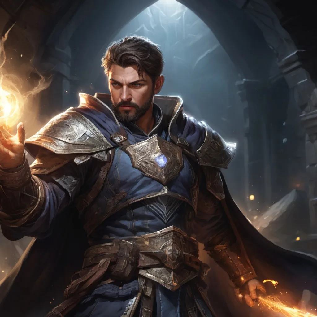 Prompt: Male stocky large battle-mage with short-cut hair and beard, engaged in combat casting a white-light spell inside of a dark dungeon, pathfinder, d&d setting, realistic enhanced shadow quality, colorful