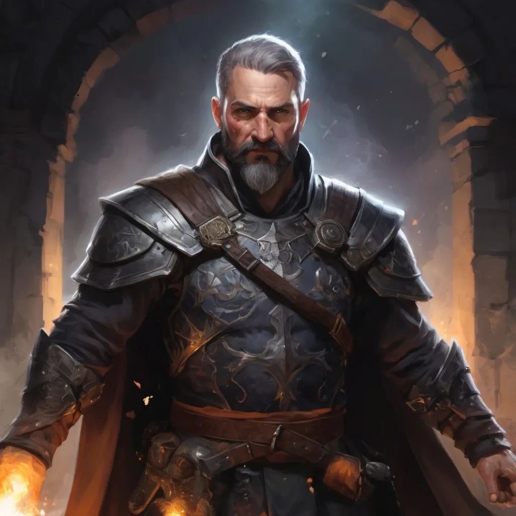 Prompt: (torso) Male stocky large mature handsome battle-mage with short-cut hair and beard, engaged in combat casting an arcane-spell inside of a dark dungeon, in movement, pathfinder, d&d setting, realistic, enhanced shadow quality, colorful