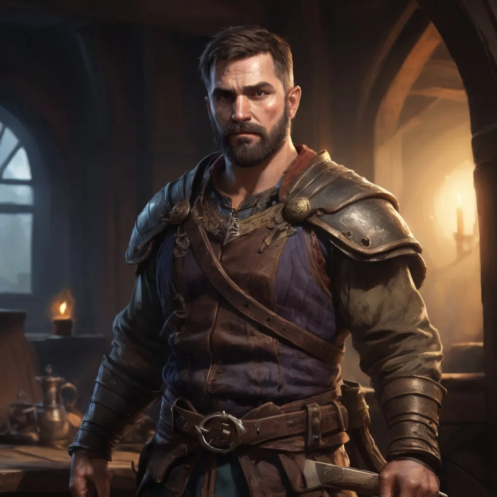 Prompt: Male stocky large muscular royal bard with short-cut hair and beard, exploring a dark tavern room, pathfinder, d&d setting, realistic, enhanced shadow quality
