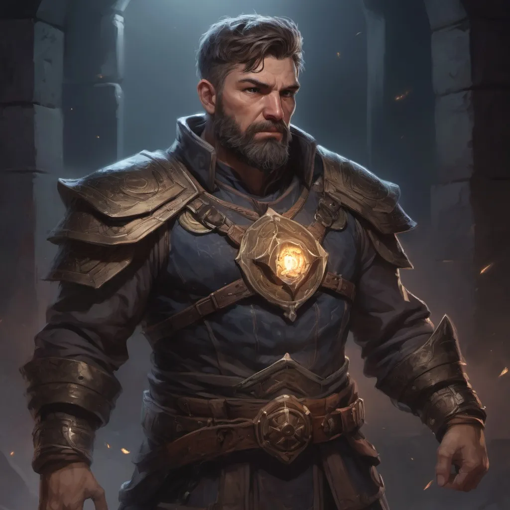 Prompt: Male stocky large mature fighter with short-cut hair and beard, exploring a dark astral magical dungeon in combat, pathfinder, d&d setting, in a realistic high quality digital art style, enhanced shadow quality