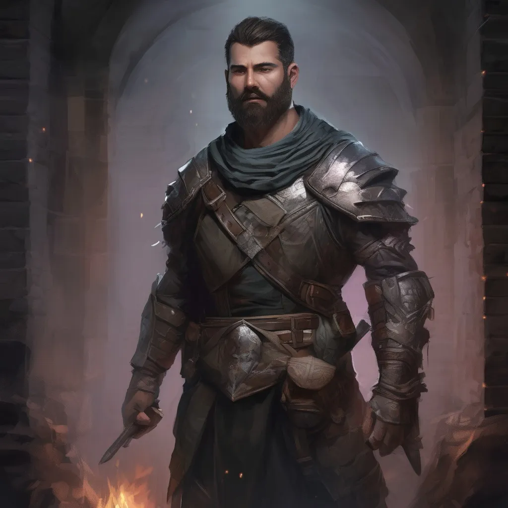 Prompt: (Full body) male stocky middle-aged warrior with black short-cut hair and beard, in a dark underground, pathfinder, d&d setting, in a realistic digital art style