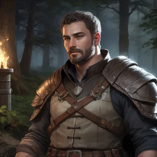 Prompt: Male stocky heavy-set mature fantasy-ranger with short-cut hair and beard, outside of a fantasy guard-tower by the woods at night, pathfinder, d&d setting, in a realistic high quality digital art style, enhanced shadow quality