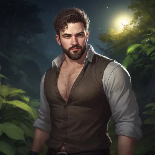 Prompt: male stocky heavy-set fat british transmuter with short-cut hair and beard,  open shirt hairy chest, casting swirly bright spell, in nature at night, pathfinder, d&d setting, in a realistic high quality digital art style, enhanced shadow quality