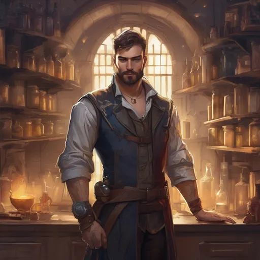 Prompt: (Full body) male handsome muscular alchemist with short hair and beard, in a labratory at night, pathfinder, d&d setting, in a realistic high quality digital art style