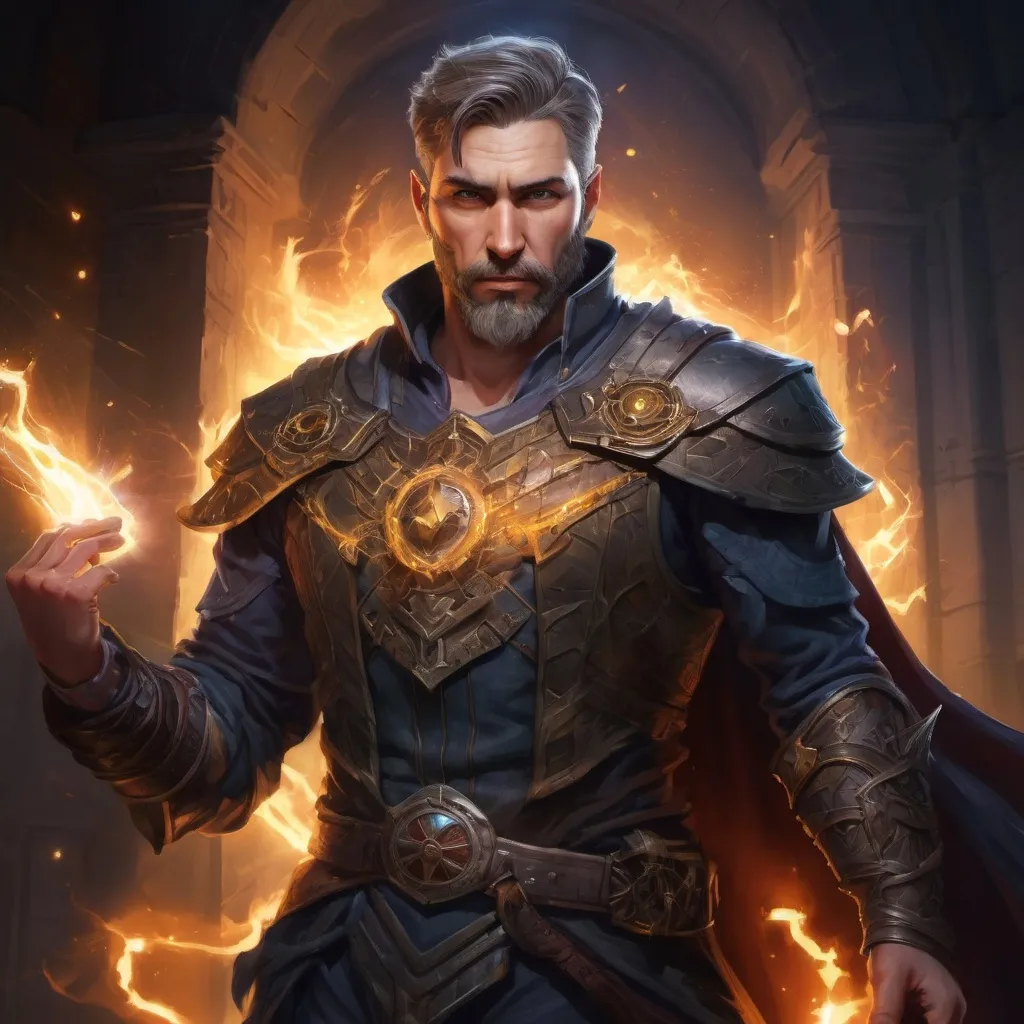 Prompt: (Torso) Male stocky large mature lightning-sorcerer with short-cut hair and beard, in a dark castle, surrounded by bright magic, pathfinder, d&d setting, in a realistic high quality digital art style, enhanced shadow quality, colorful