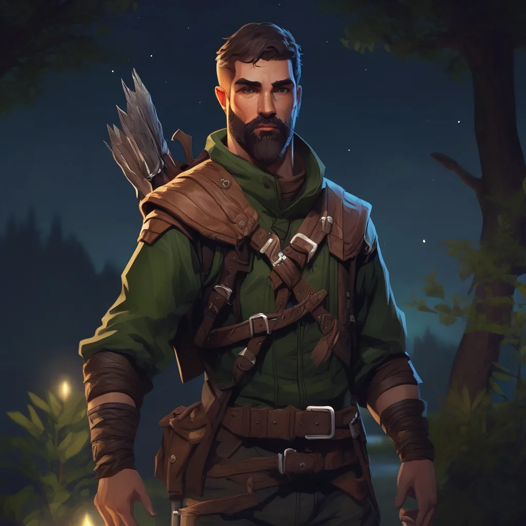 Prompt: (Full body) male ranger with short hair and beard, in nature at night, pathfinder, d&d setting, in a realistic digital art style