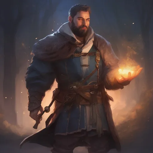 Prompt: (Full body) male stocky cleric with short hair and beard, big arms, in nature at night, casting a big magical spell, pathfinder, d&d setting, in a realistic digital art style